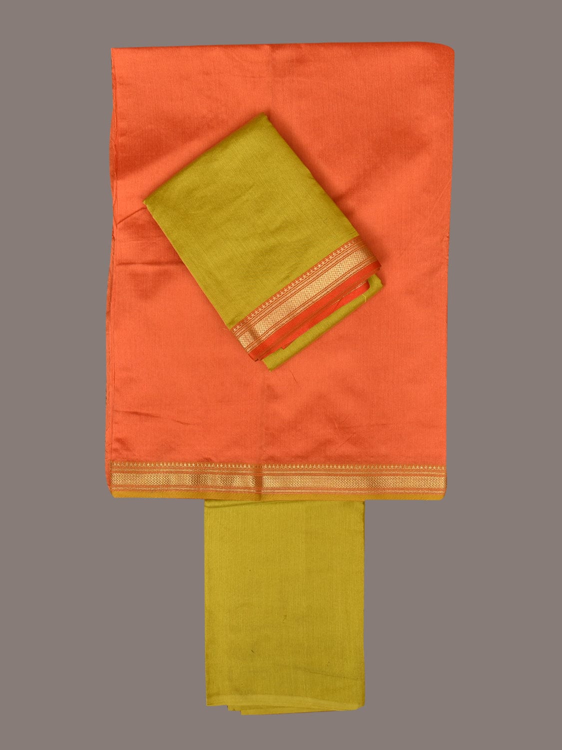 Orange and Light Green Bamboo Cotton Fabric and Dupatta with Zari Border Design f0252
