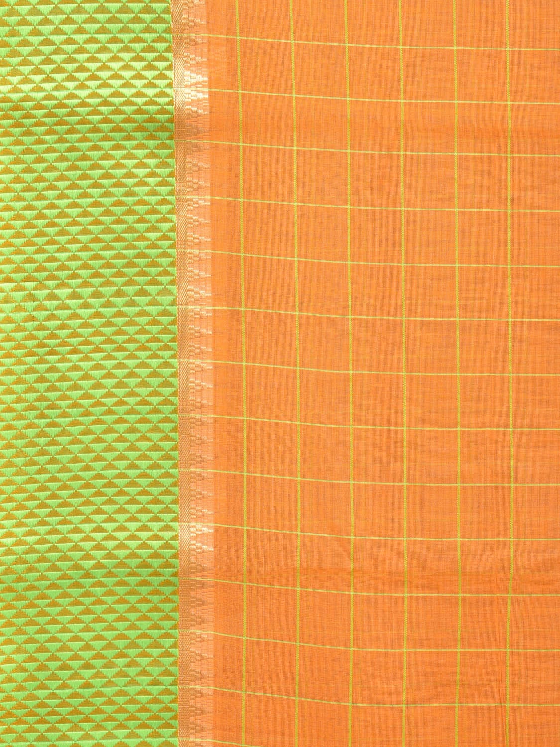 Orange and Light Green Bamboo Cotton Saree with Big Checks Design No Blouse bc0159