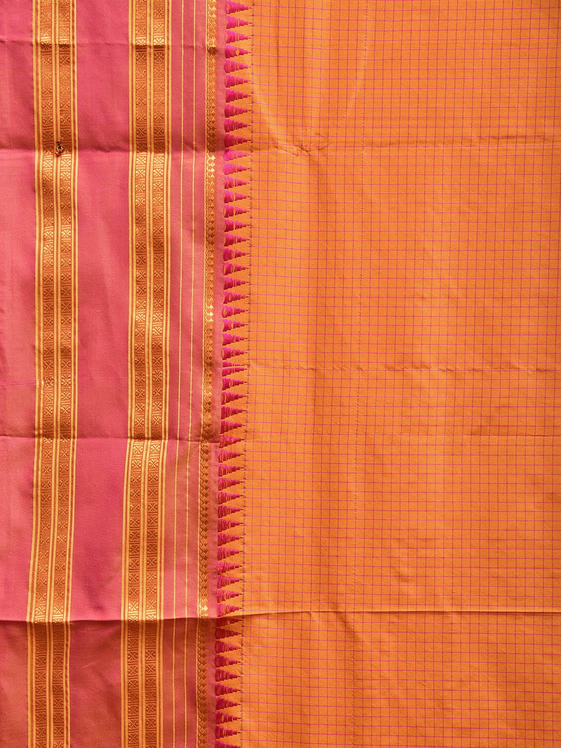 Orange and Pink Narayanpet Silk Handloom Saree with Checks Design No Blouse np1056