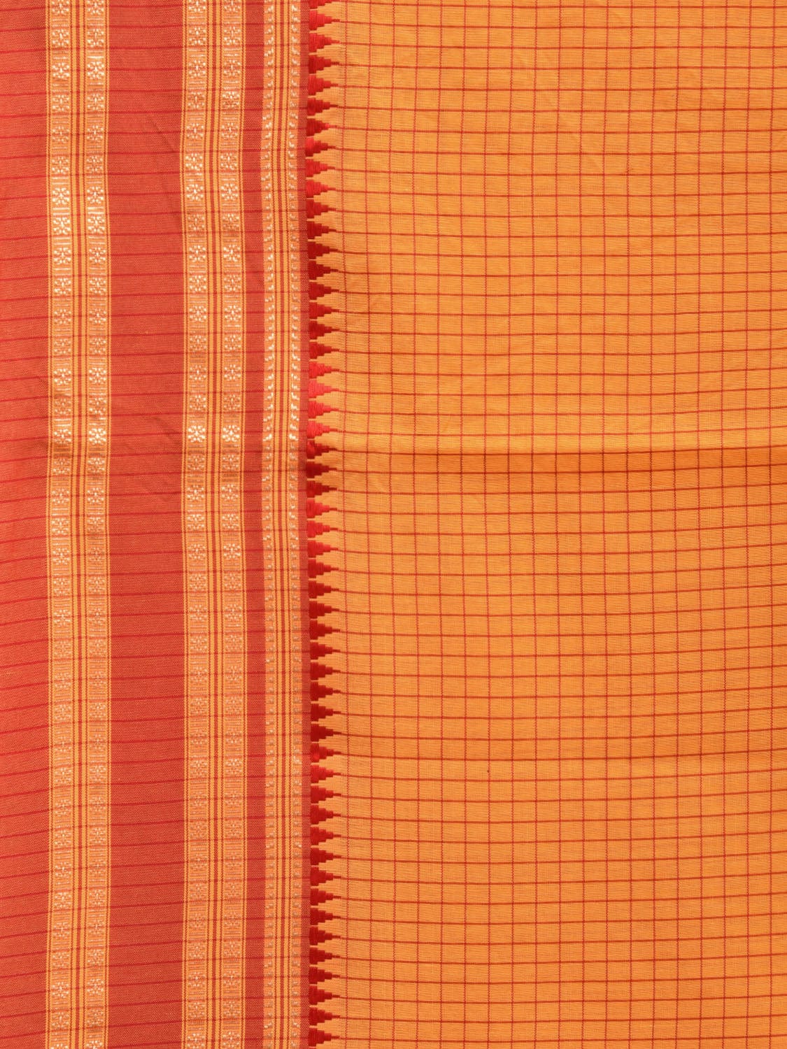 Orange and Red Bamboo Cotton Saree with Checks Design No Blouse bc0606