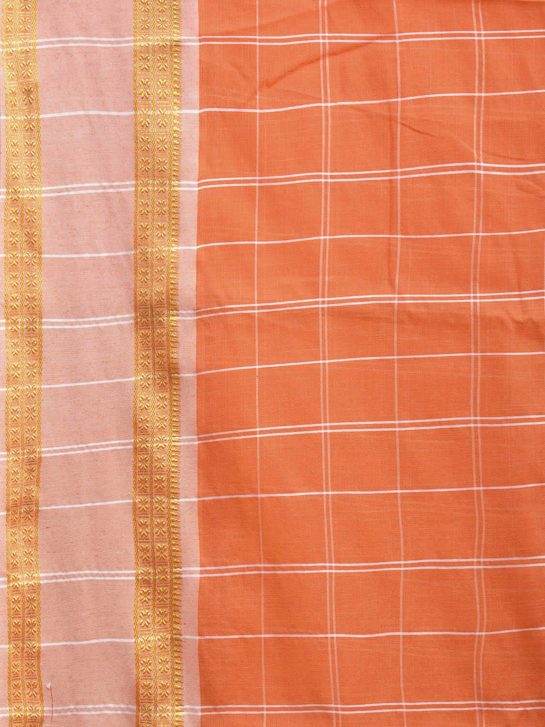 Orange and White Bamboo Cotton Saree with Big Checks Design No Blouse bc0638