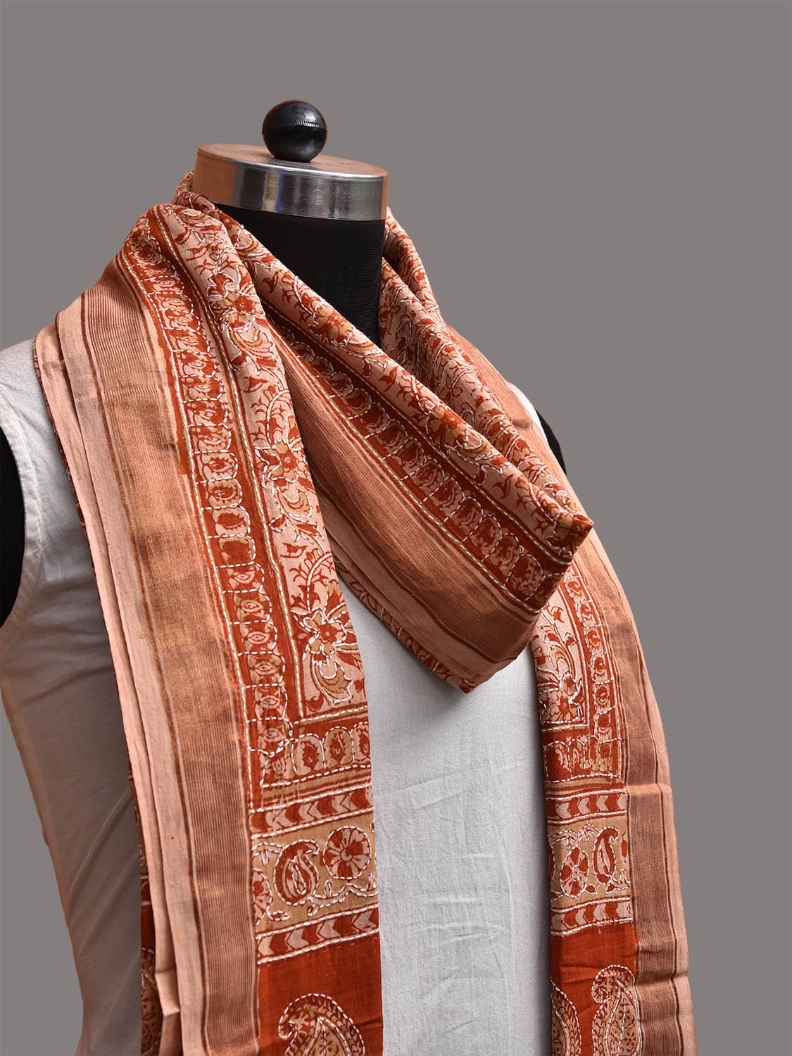 Orange Kalamkari Block Print Cotton Dupatta with Mango and Kantha Work Design ds3754