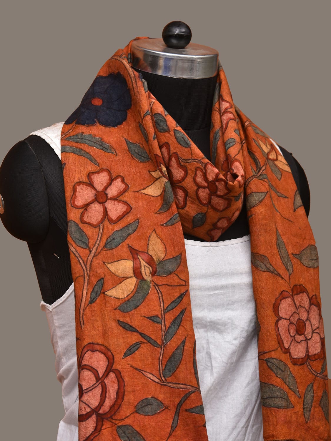 Orange Kalamkari Hand Painted Cotton Handloom Stole with Floral Design ds3141