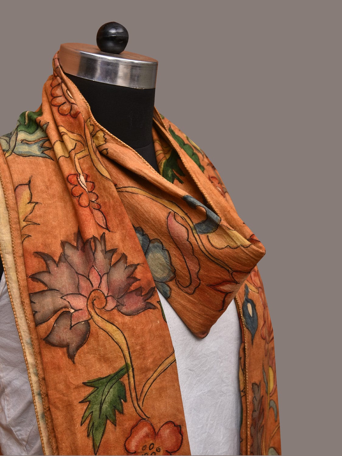 Orange Kalamkari Hand Painted Cotton Handloom Stole with Floral Design ds3547