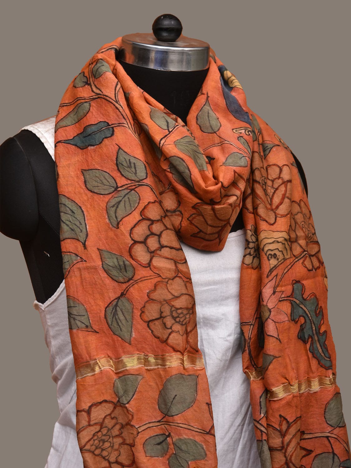 Orange Kalamkari Hand Painted Cotton Silk Handloom Dupatta with Peacocks and Floral Design ds3137