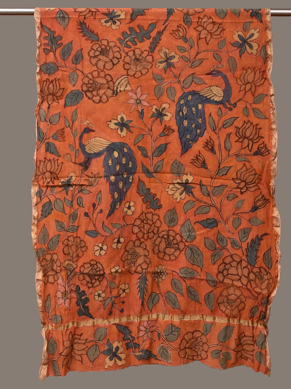 Orange Kalamkari Hand Painted Cotton Silk Handloom Dupatta with Peacocks and Floral Design ds3137