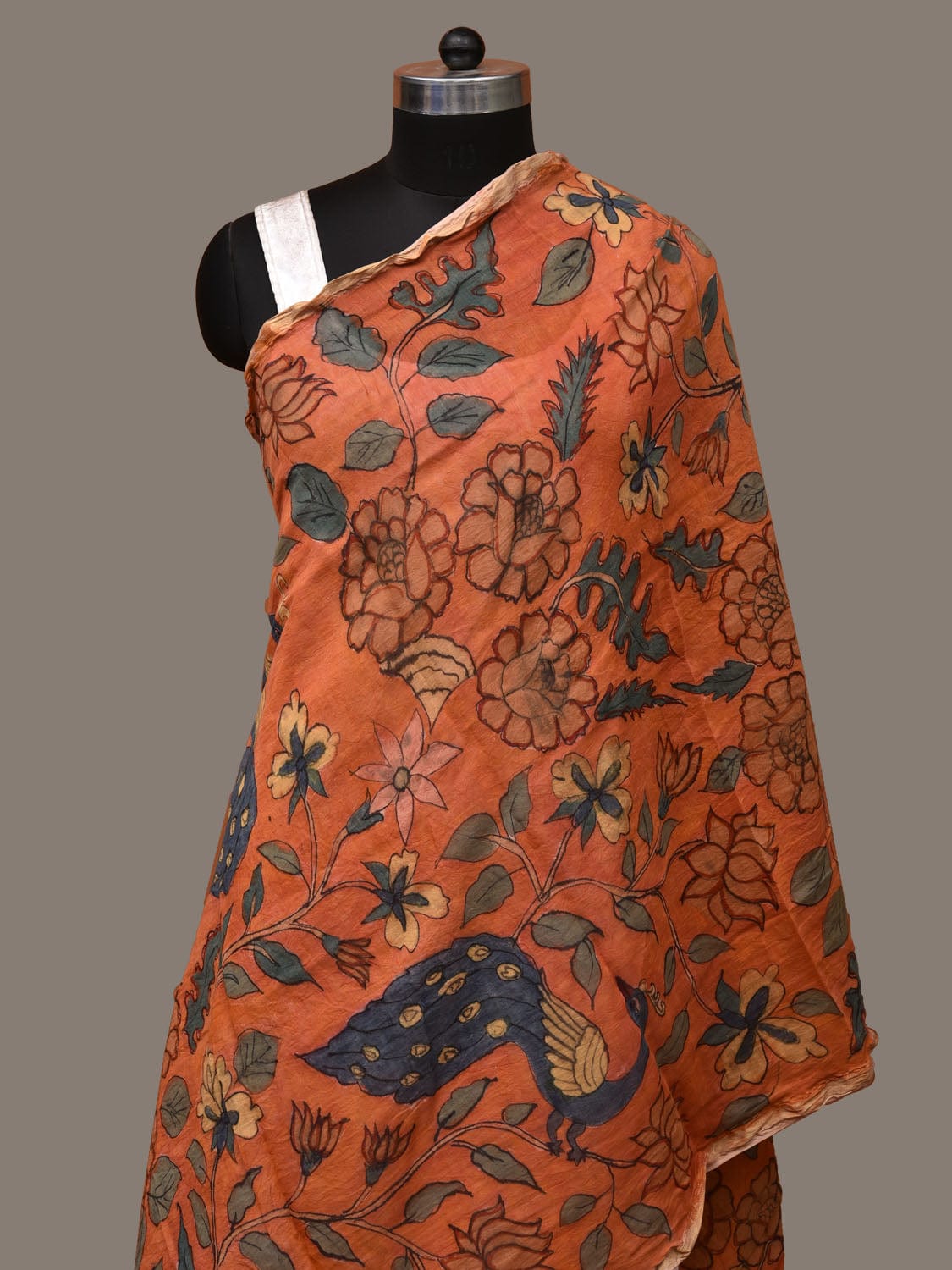 Orange Kalamkari Hand Painted Cotton Silk Handloom Dupatta with Peacocks and Floral Design ds3137