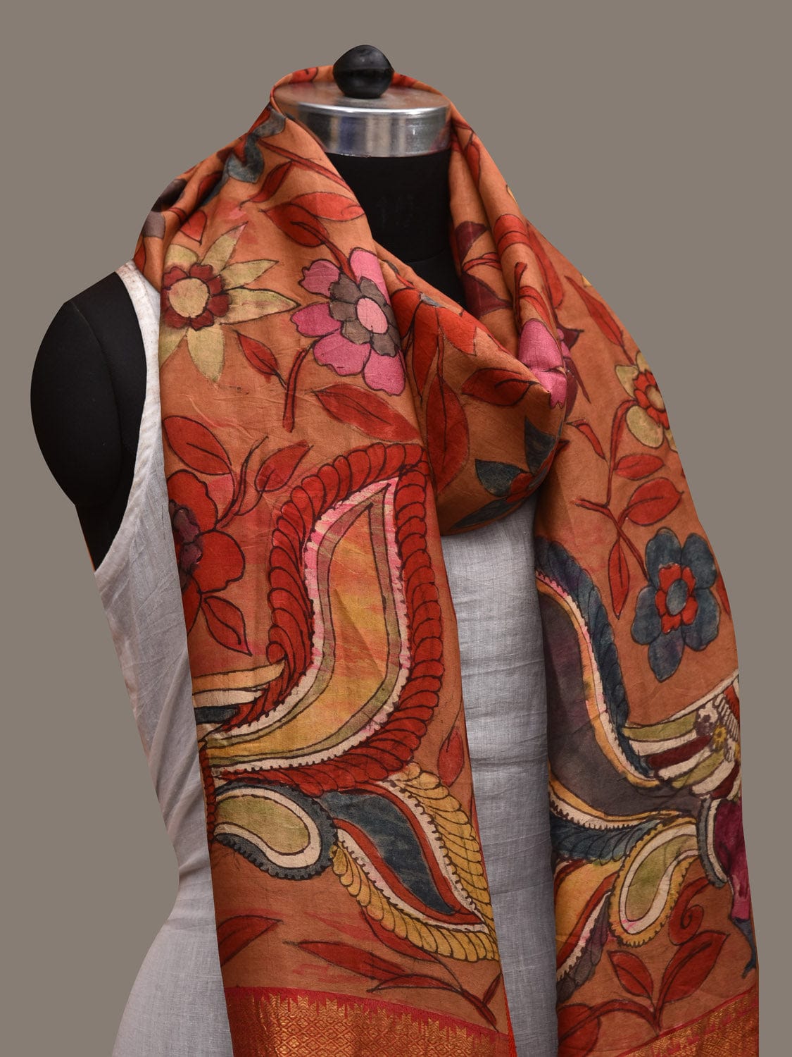 Orange Kalamkari Hand Painted Kanchipuram Silk Dupatta with Floral and Peacocks Design ds2930