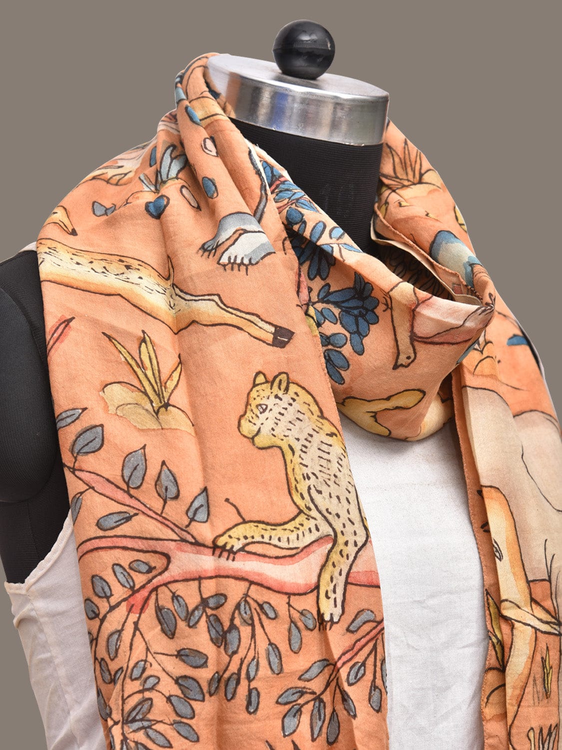 Orange Kalamkari Hand Painted Sico Stole with Animals and Trees Design ds3269