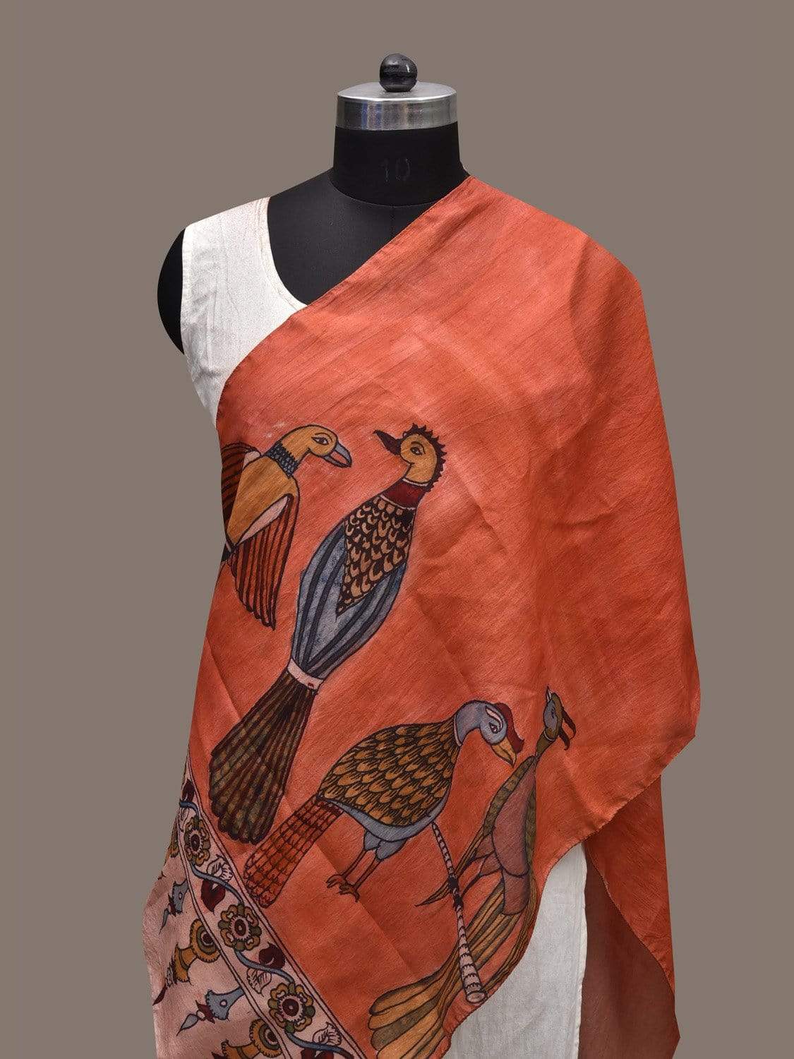 Orange Kalamkari Hand Painted Silk Handloom Stole with Birds Design ds2342