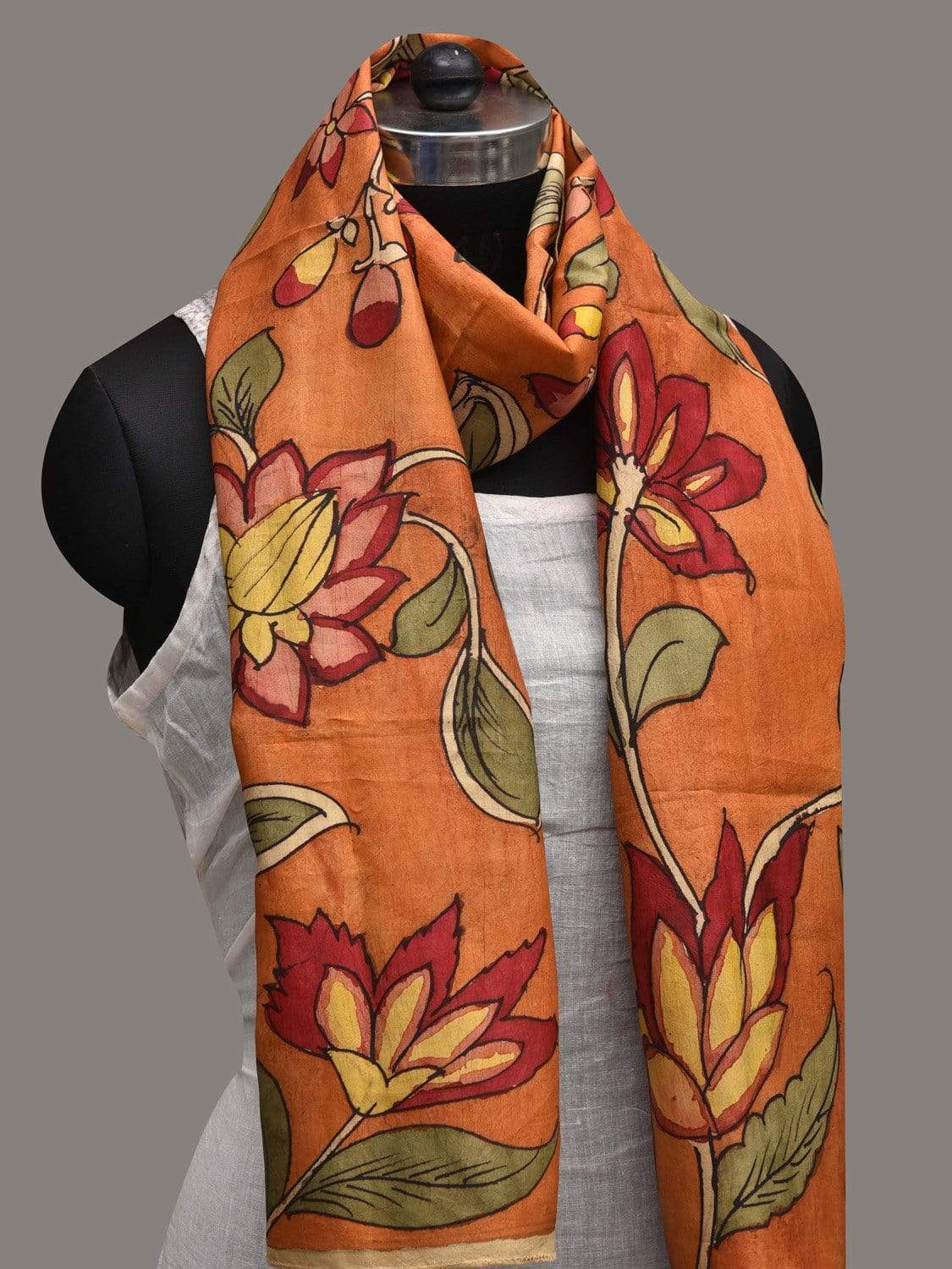 Orange Kalamkari Hand Painted Silk Handloom Stole with Floral Design ds2568
