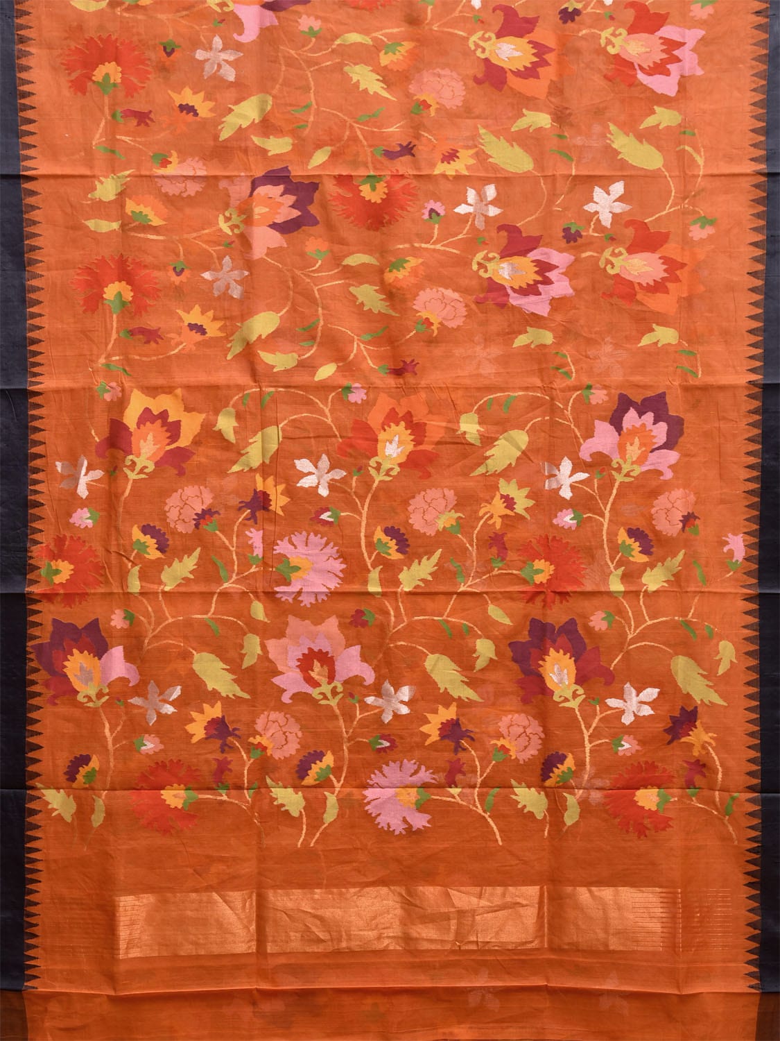 Orange Khadi Cotton Handloom Saree with All Over Floral Design kh0701
