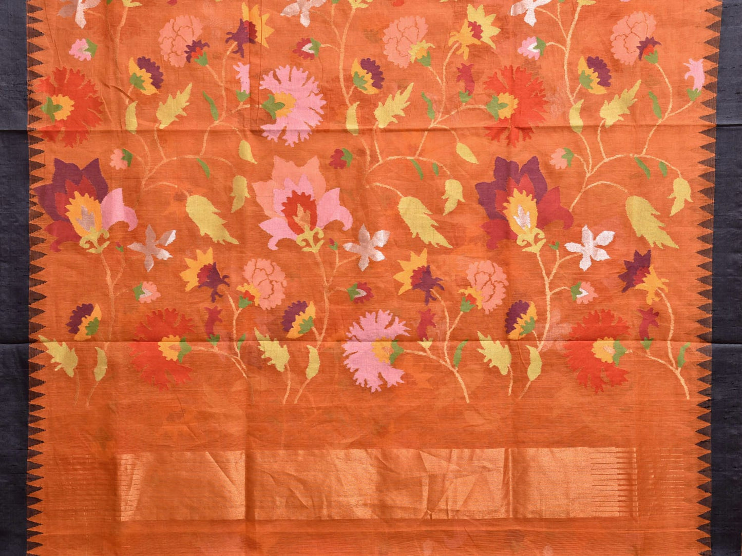 Orange Khadi Cotton Handloom Saree with All Over Floral Design kh0701