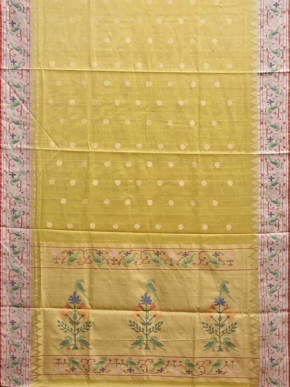 Yellow Paithani Tussar Cotton Handloom Saree with Parrots Border and Pallu Design p0497