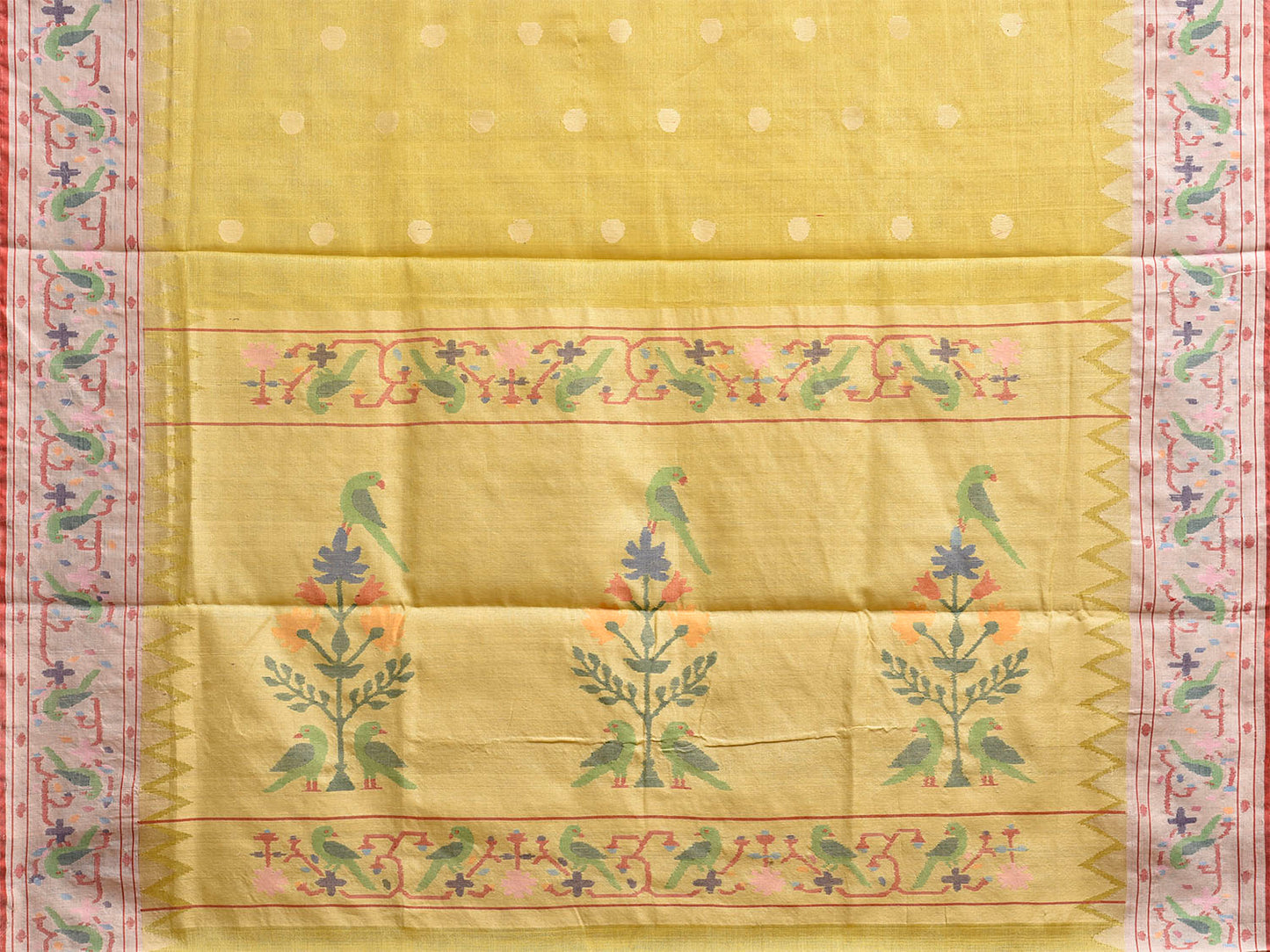 Yellow Paithani Tussar Cotton Handloom Saree with Parrots Border and Pallu Design p0497