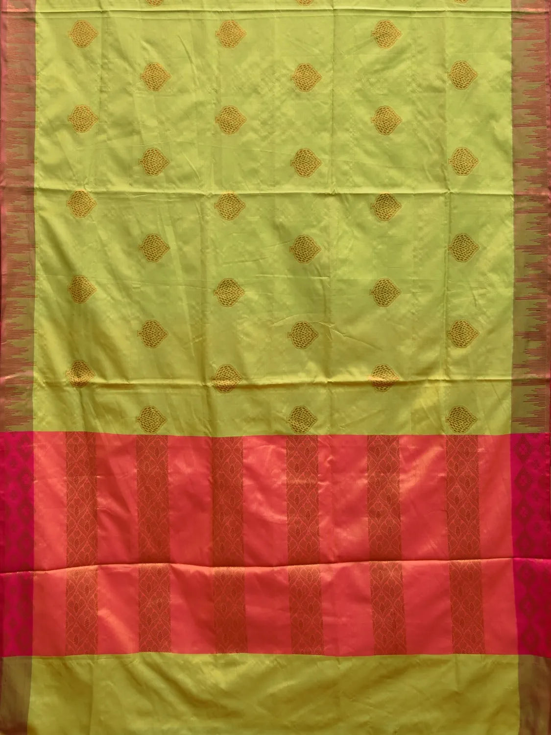 Parrot Green and Red Katan Silk Saree with Border and Body Butta Design b0083ds