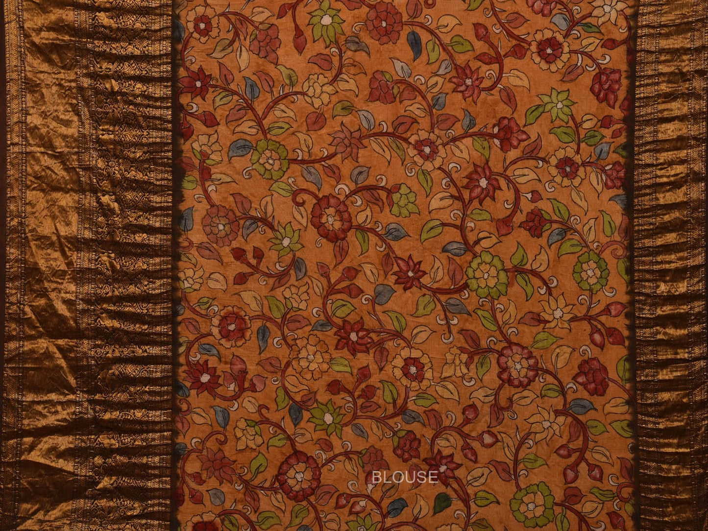 Peach and Mustard Bandhani Kanchipuram Silk Handloom Saree with Kalamkari Pallu and Blouse Design bn0445