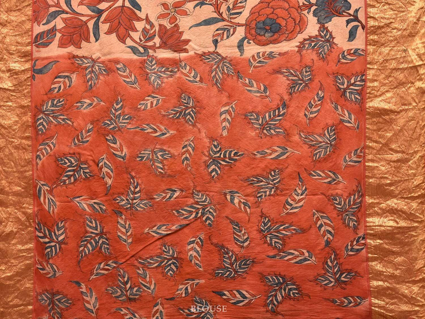 Peach and Red Kalamkari Hand Painted Kanchipuram Silk Handloom Saree with Floral Design KL0499