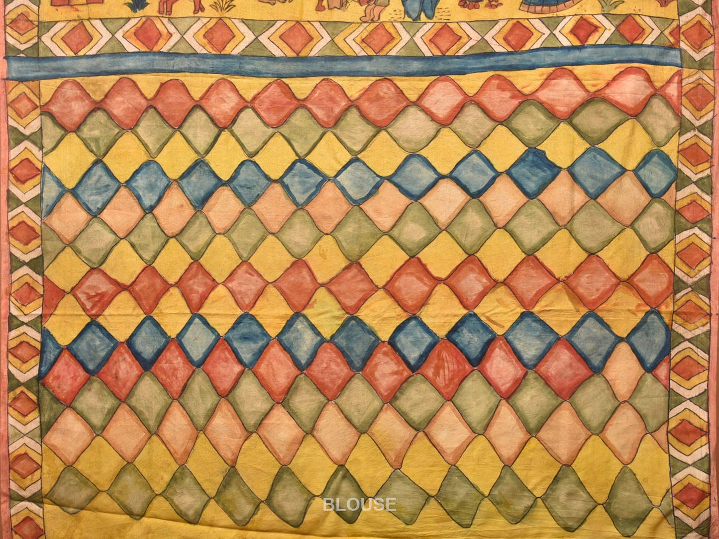 Peach and Yellow Kalamkari Hand Painted Sico Saree with Village Theme Design KL0731