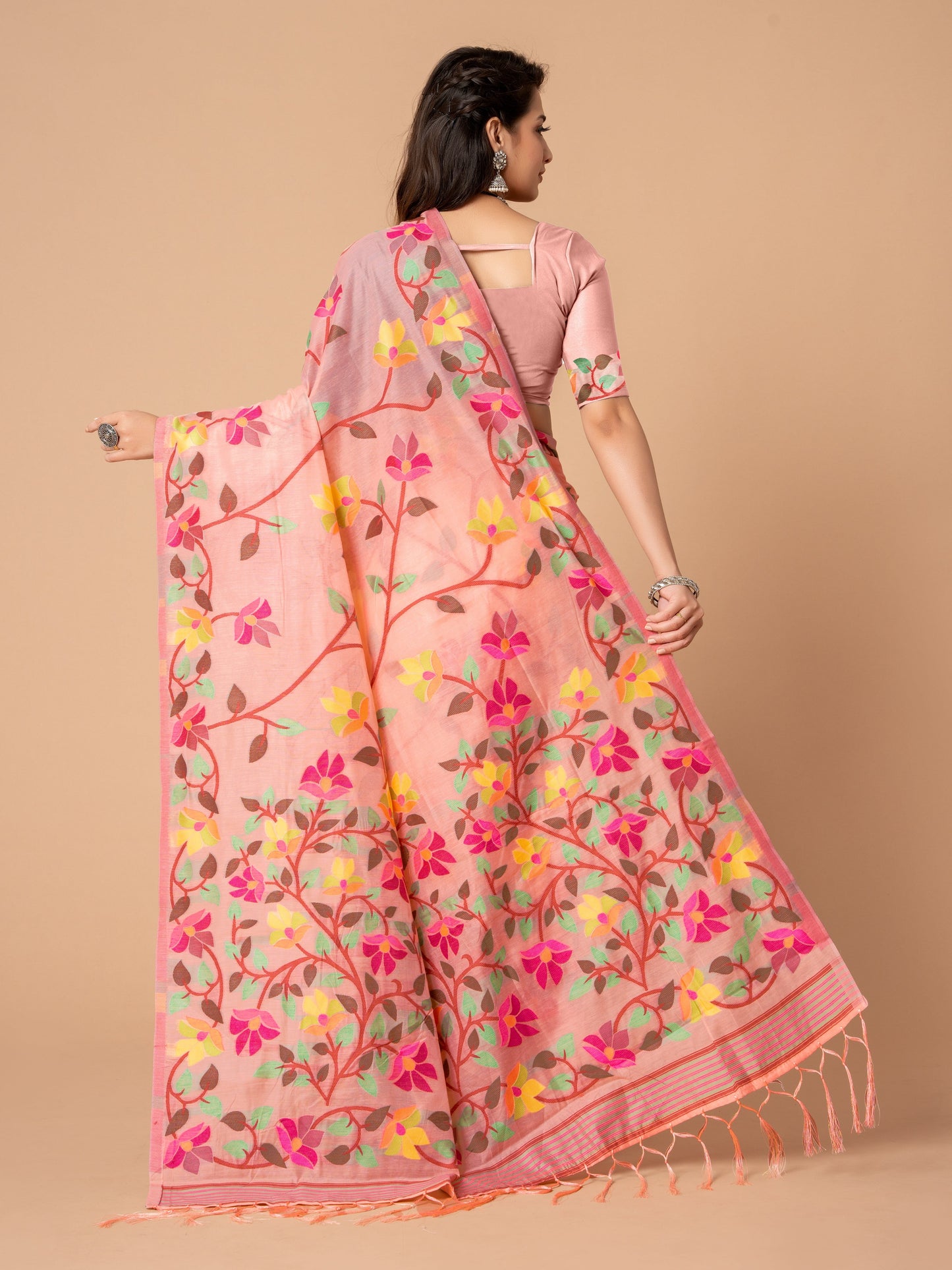 Peach Dhakai Jamdani Cotton Viscose Saree with Floral Border and Pallu Design dj0104