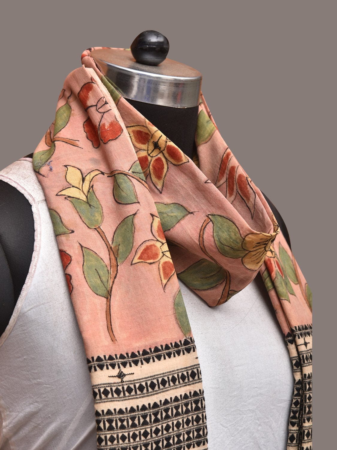 Peach Kalamkari Hand Painted Cotton Bhujodi Handloom Dupatta with Floral Design ds3512