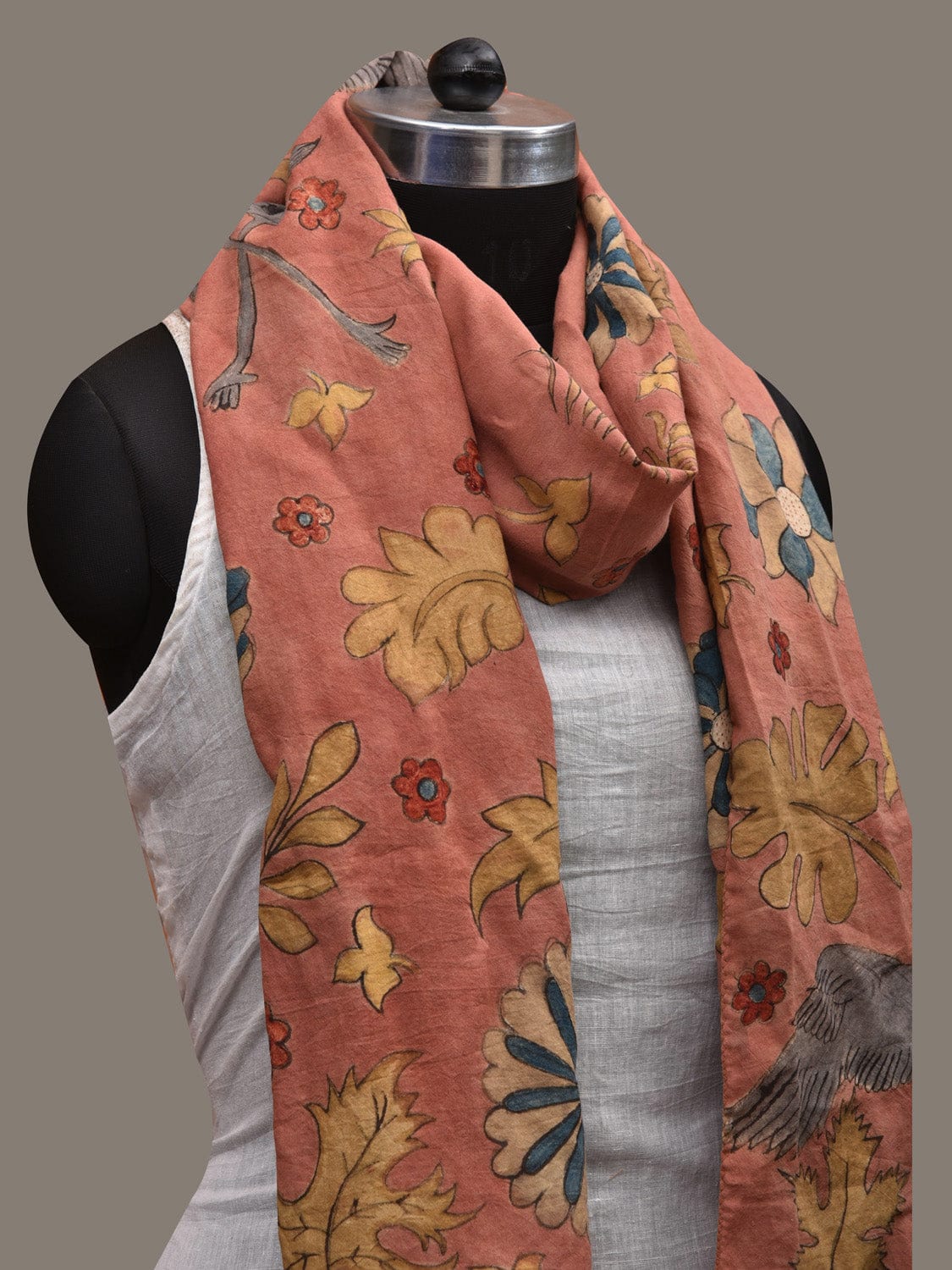 Peach Kalamkari Hand Painted Cotton Handloom Stole with Flowers and Birds Design ds2828