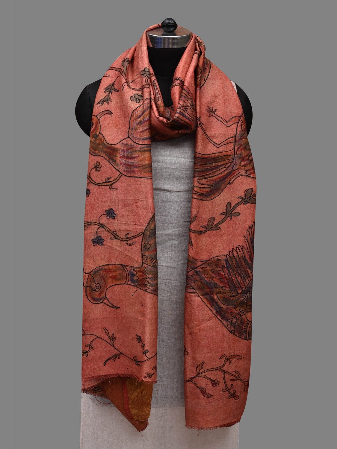 Peach Kalamkari Hand Painted Kanchipuram Silk Handloom Dupatta with Birds Design ds2606