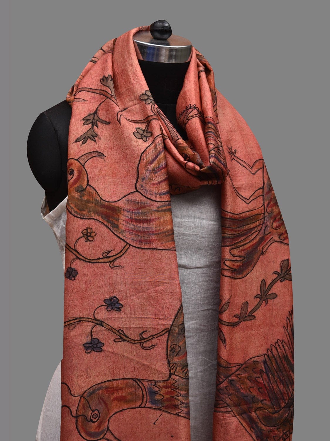 Peach Kalamkari Hand Painted Kanchipuram Silk Handloom Dupatta with Birds Design ds2606
