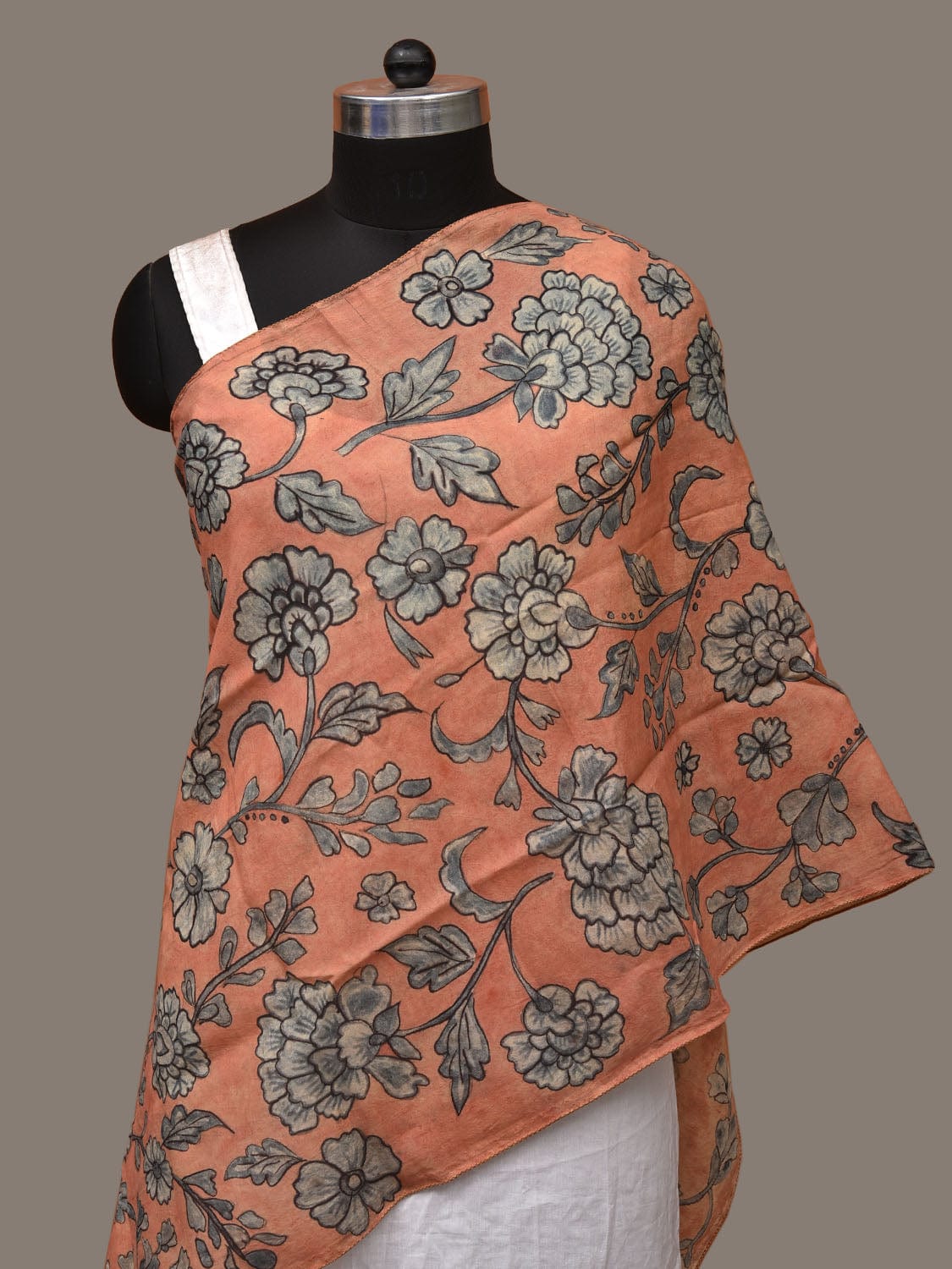 Peach Kalamkari Hand Painted Sico Stole with Floral Design ds3151