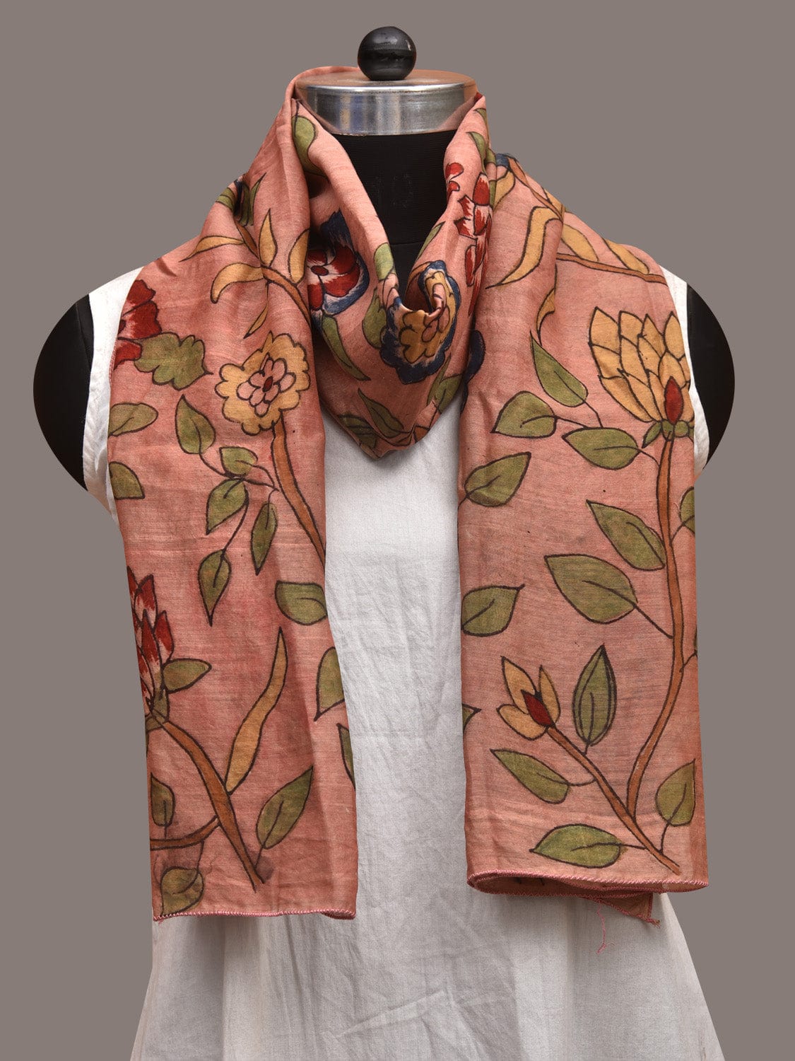 Peach Kalamkari Hand Painted Sico Stole with Floral Design ds3586