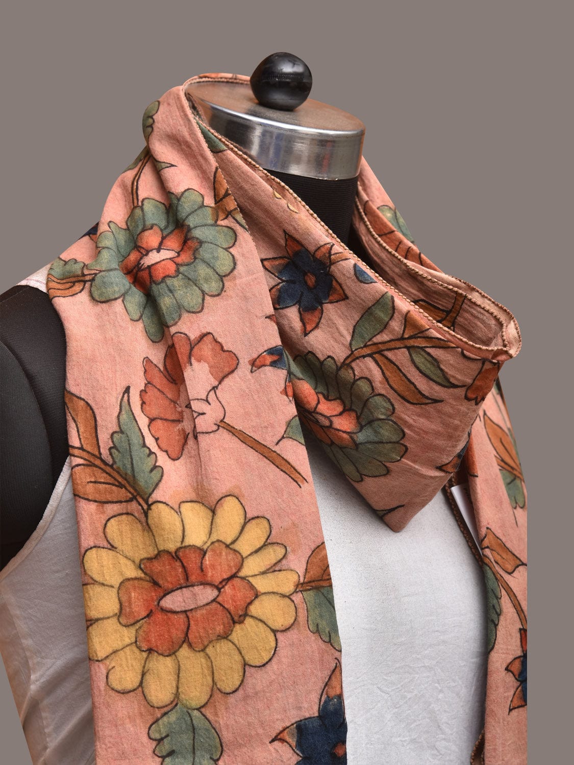 Peach Kalamkari Hand Painted Sico Stole with Floral Design dsds3516