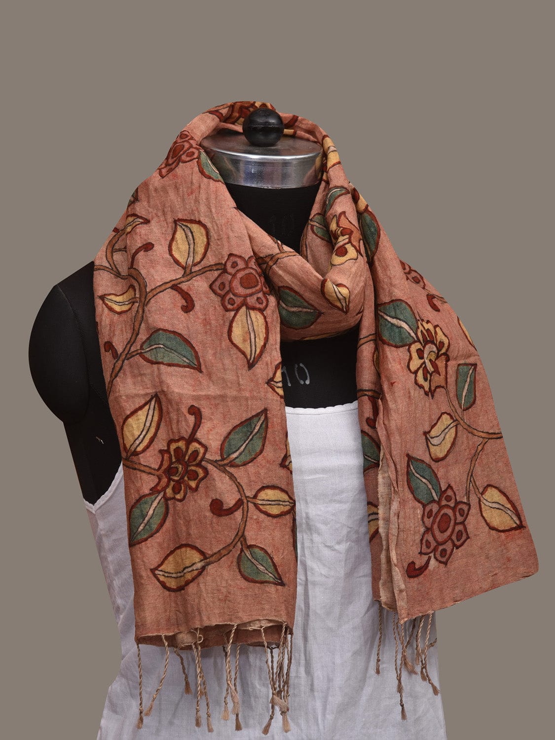 Peach Kalamkari Hand Painted Tussar Handloom Stole with Floral Design ds3074