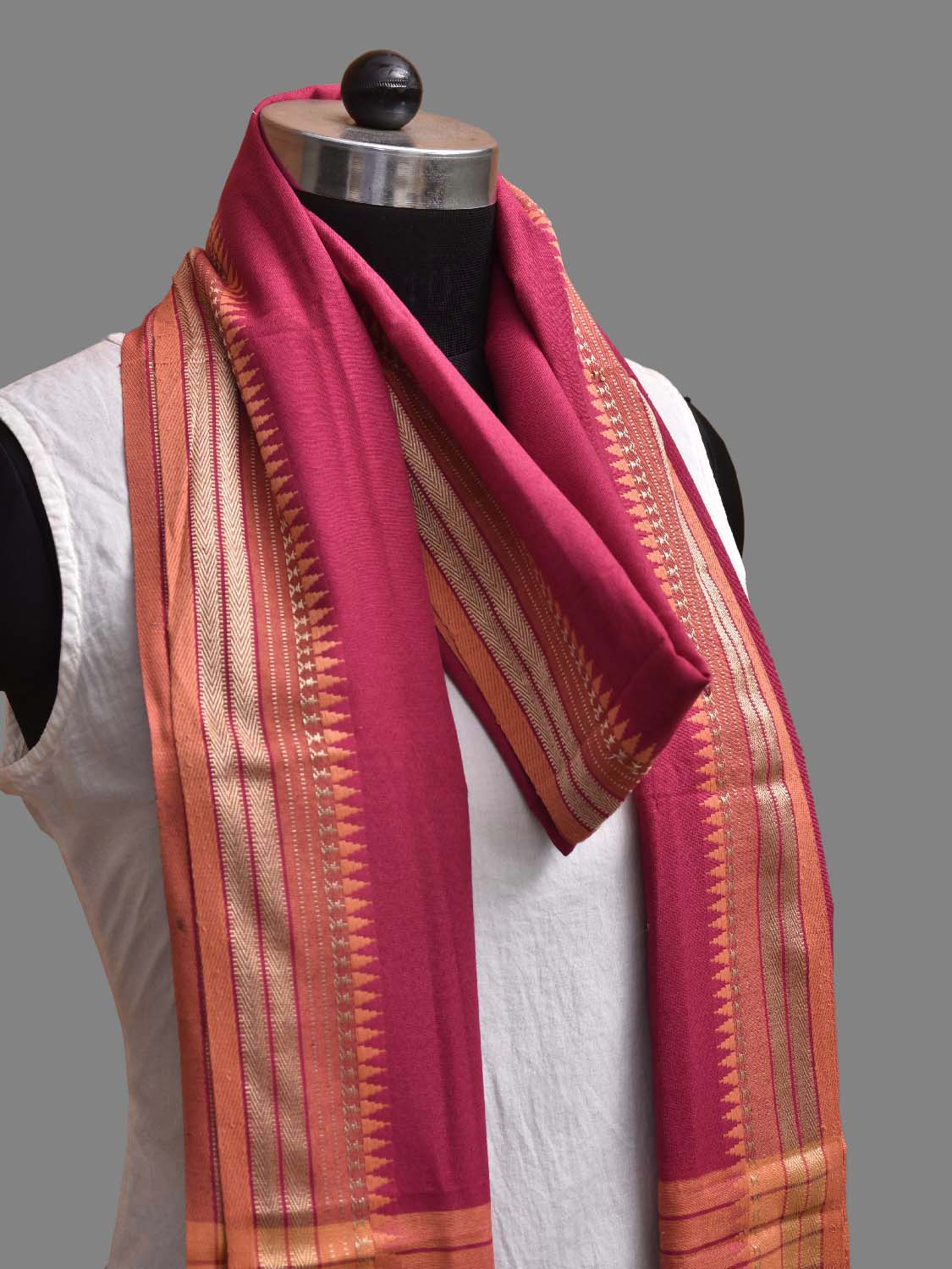 Pink and Light Orange Bamboo Cotton Dupatta with Small Temple Border Design ds3877