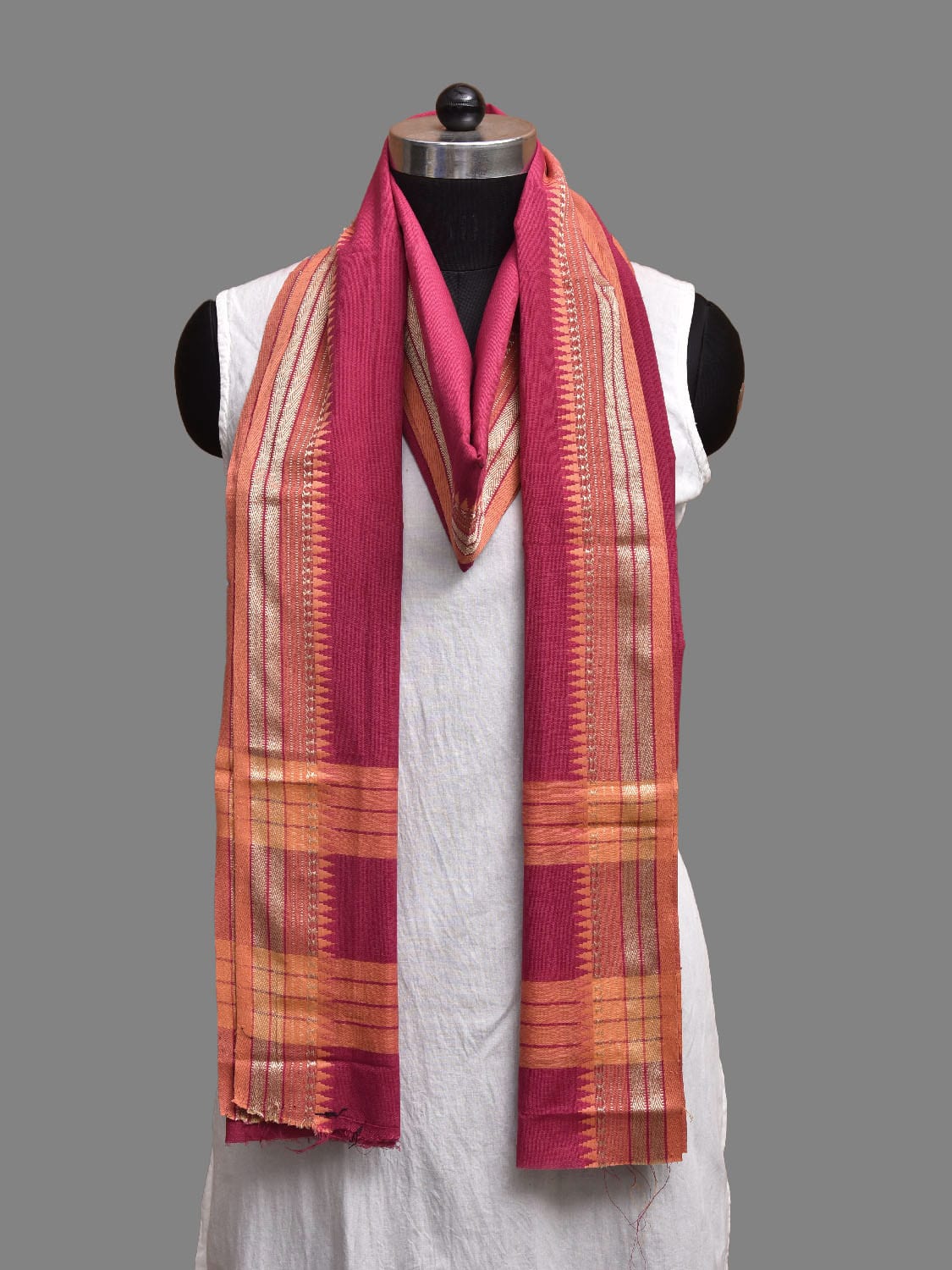 Pink and Light Orange Bamboo Cotton Dupatta with Small Temple Border Design ds3877