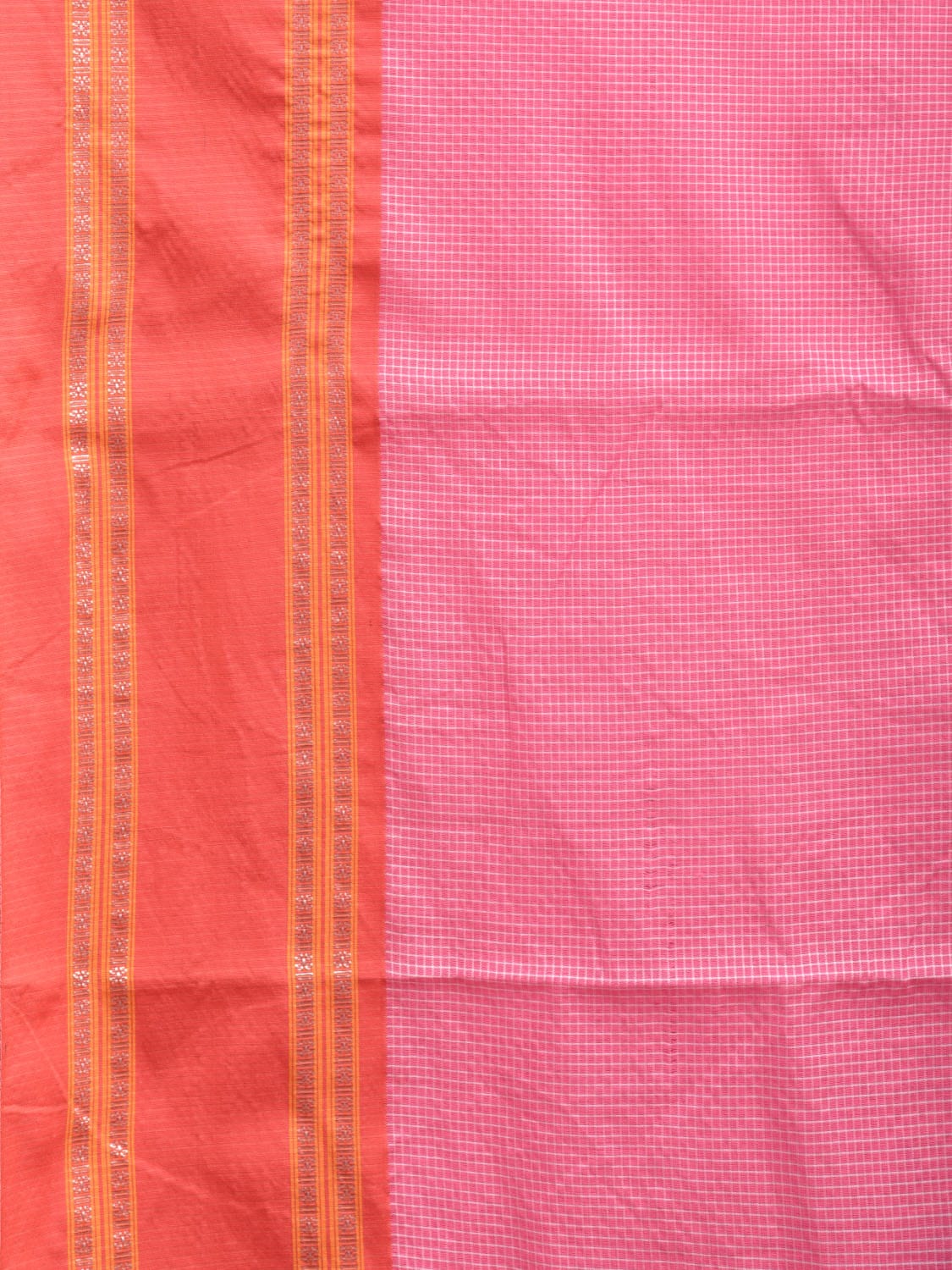 Pink and Peach Bamboo Cotton Saree with Small Checks Design No Blouse bc0337