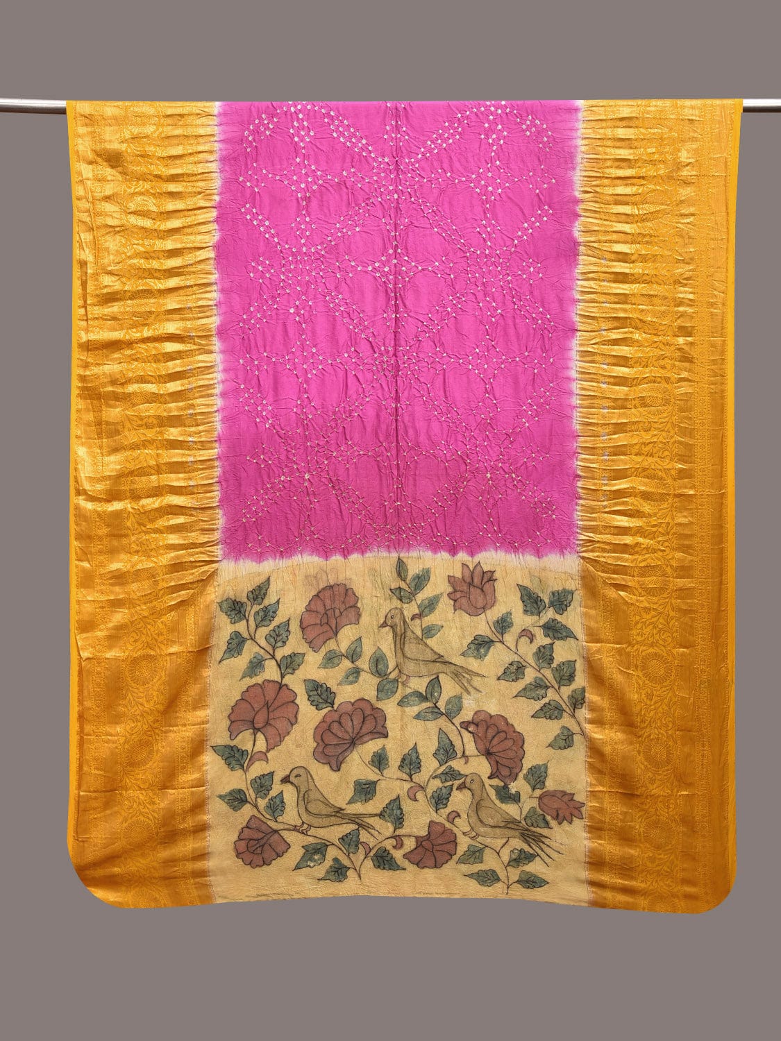 Pink and Yellow Bandhani Kanchipuram Silk Handloom Dupatta with Kalamkari Design ds3570