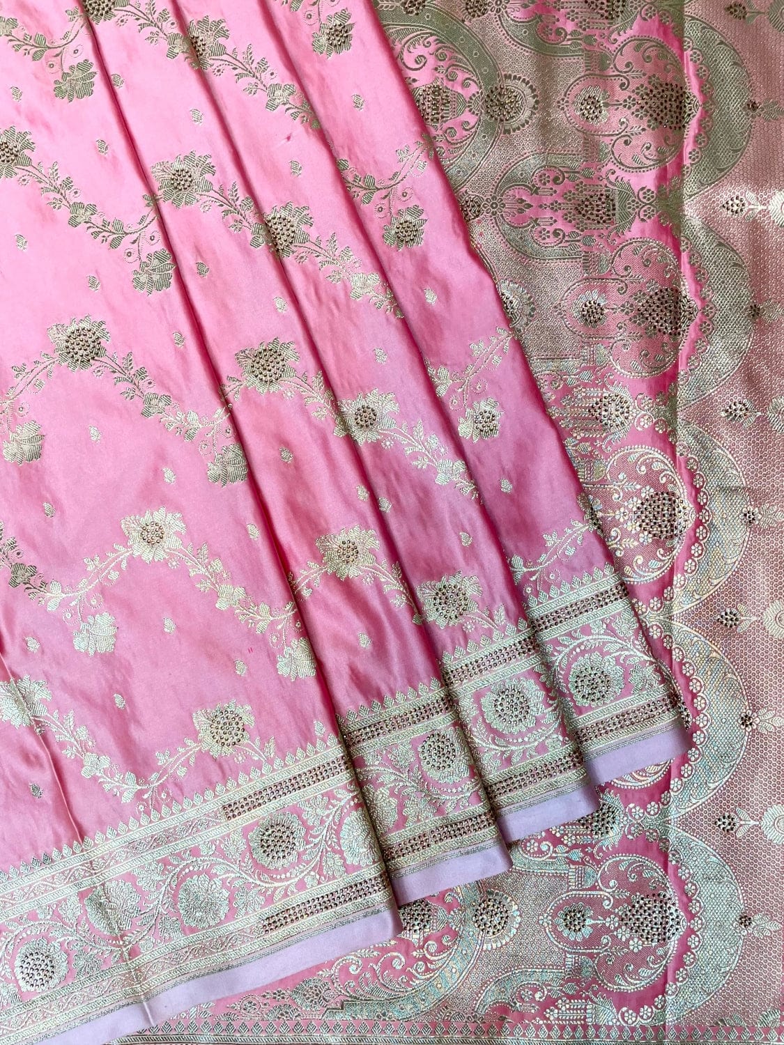 Pink Banaras Katan Silk Saree with Allover Body Butti and Stone Work Design b0391ds