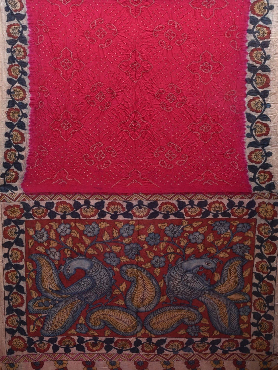 Pink Bandhani Kalamkari Hand Painted Tussar Handloom Saree with Pallu and Border Design bn0324