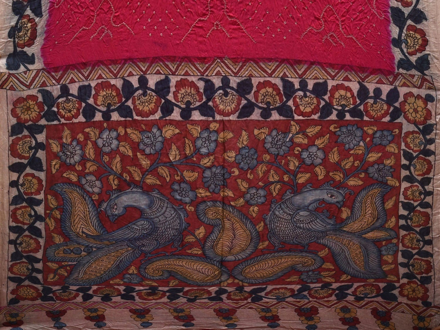 Pink Bandhani Kalamkari Hand Painted Tussar Handloom Saree with Pallu and Border Design bn0324