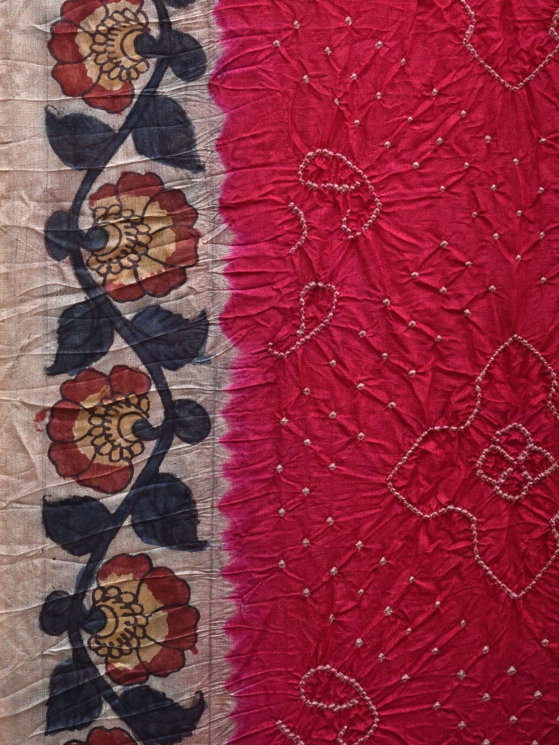 Pink Bandhani Kalamkari Hand Painted Tussar Handloom Saree with Pallu and Border Design bn0324