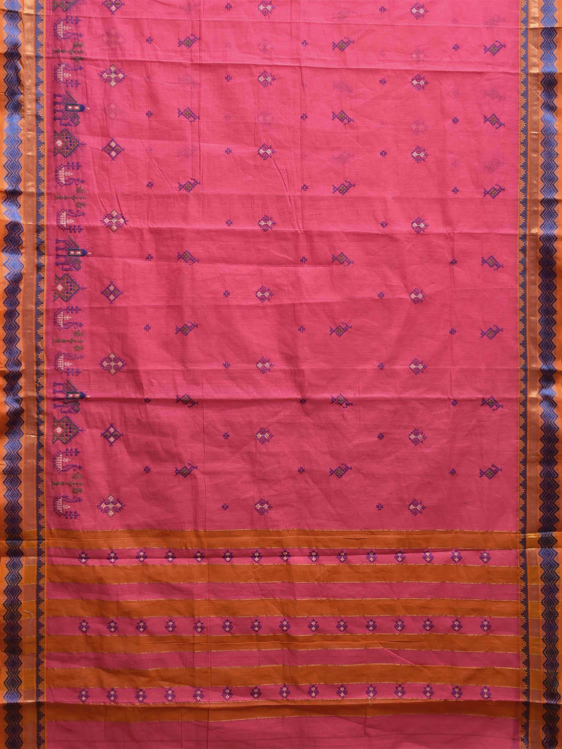 Pink Kanchipuram Cotton Saree with Kasuti Work and Strips Pallu Design No Blouse o0670