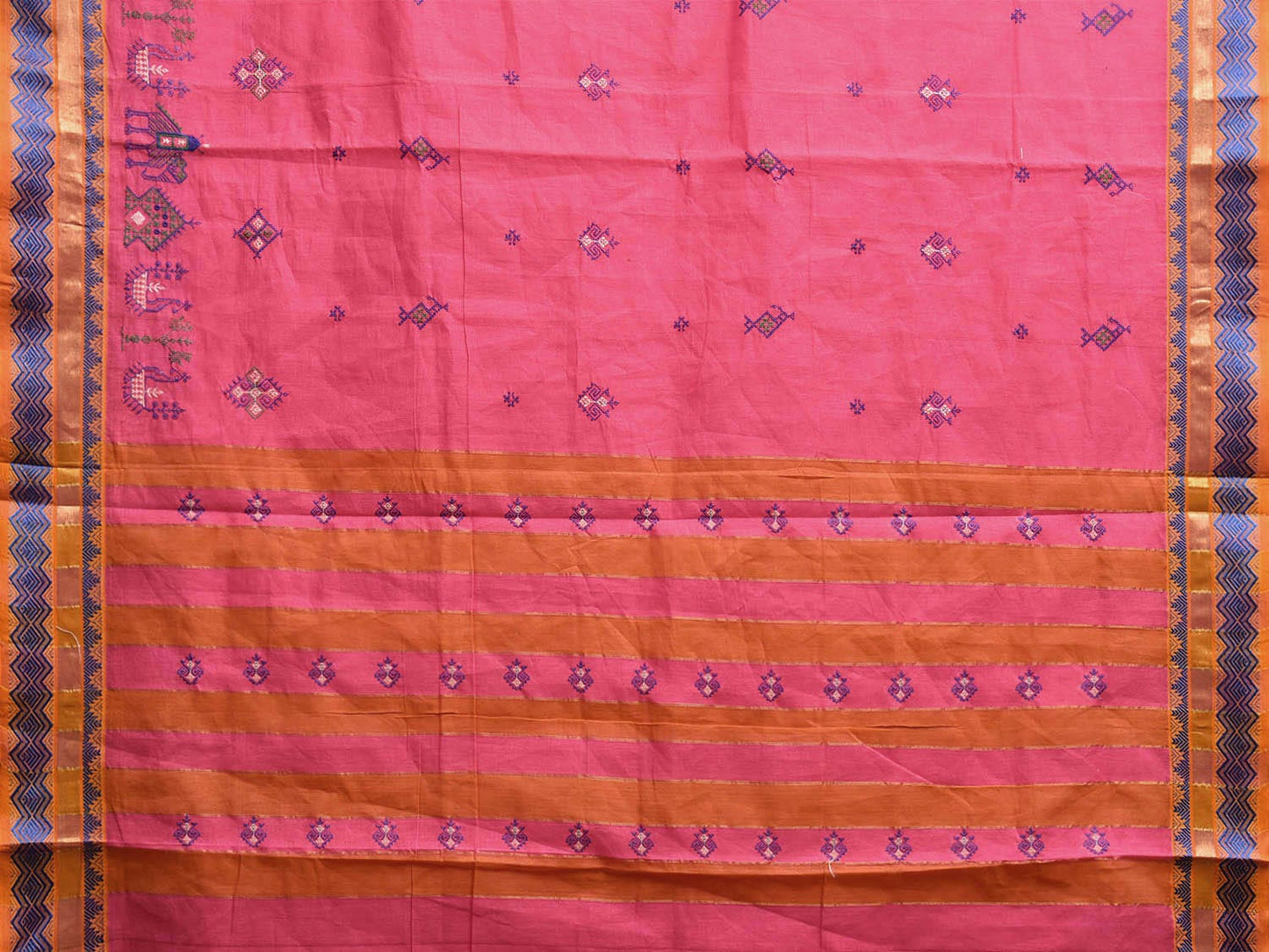 Pink Kanchipuram Cotton Saree with Kasuti Work and Strips Pallu Design No Blouse o0670