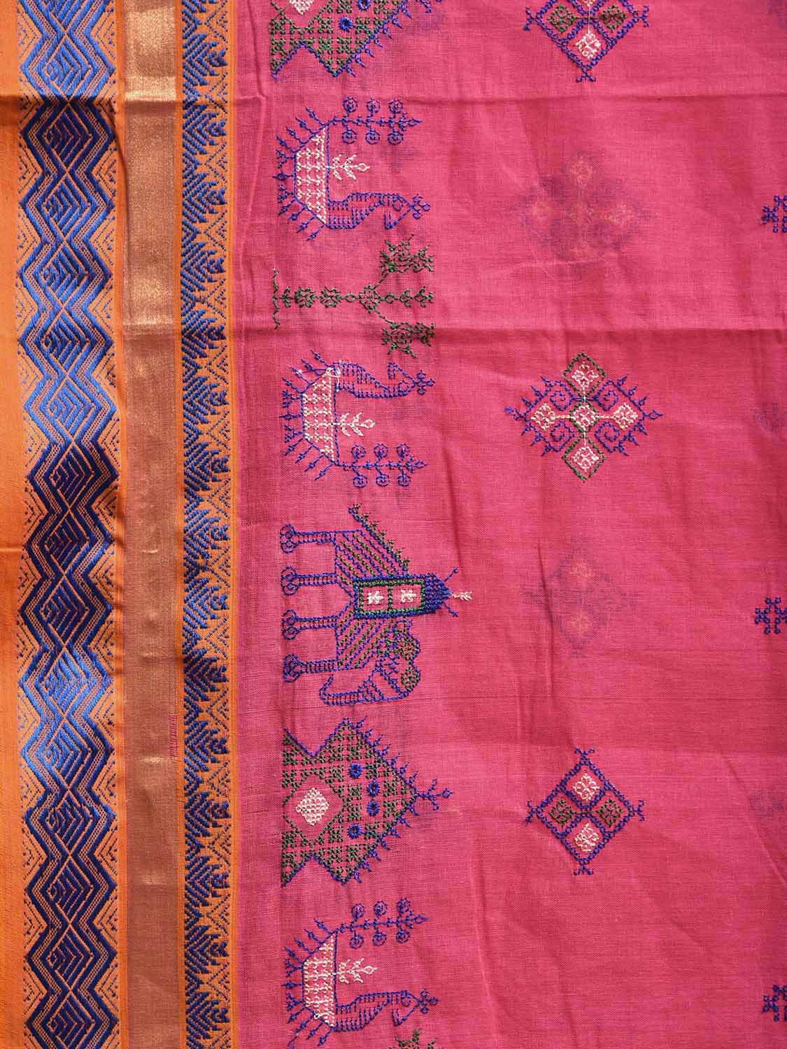 Pink Kanchipuram Cotton Saree with Kasuti Work and Strips Pallu Design No Blouse o0670