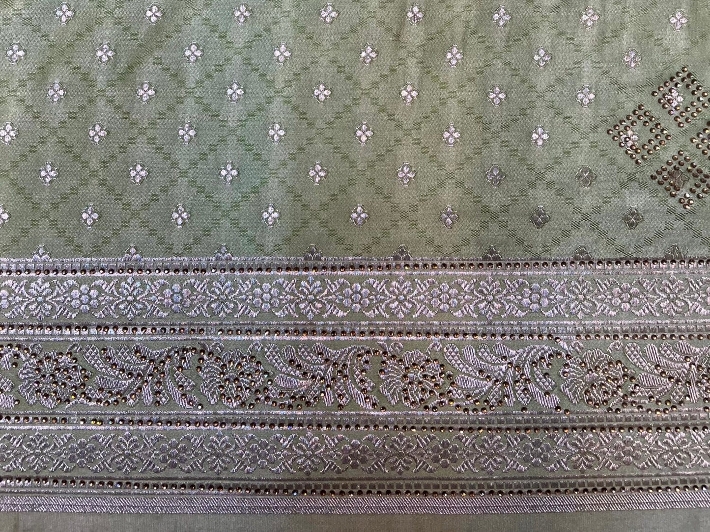 Pista Banaras Katan Silk Saree with Allover Body Butti and Stone Work Design b0392ds