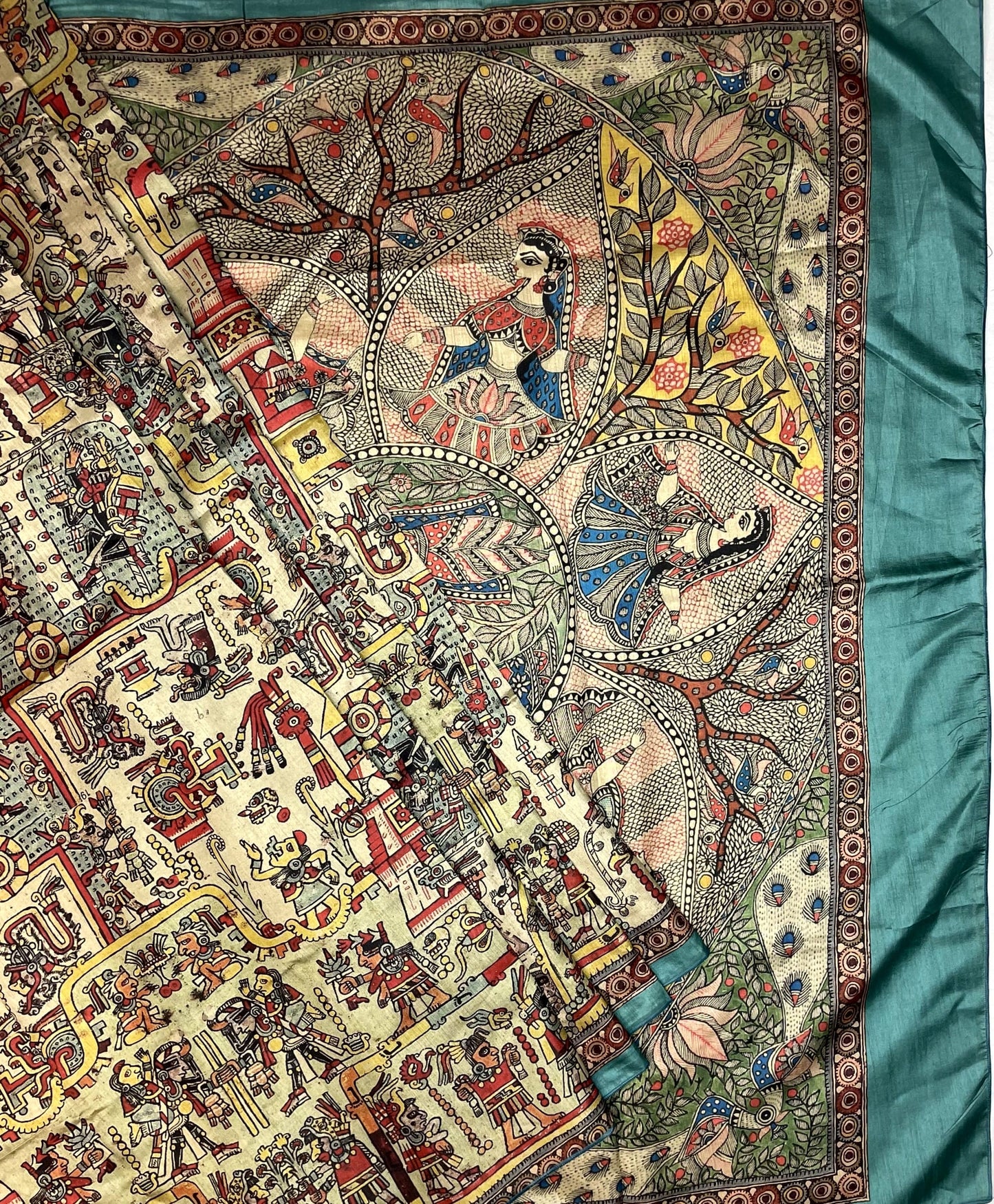 Sea Green Madhubani Digital Printed Saree with Figures Design pr0062ap