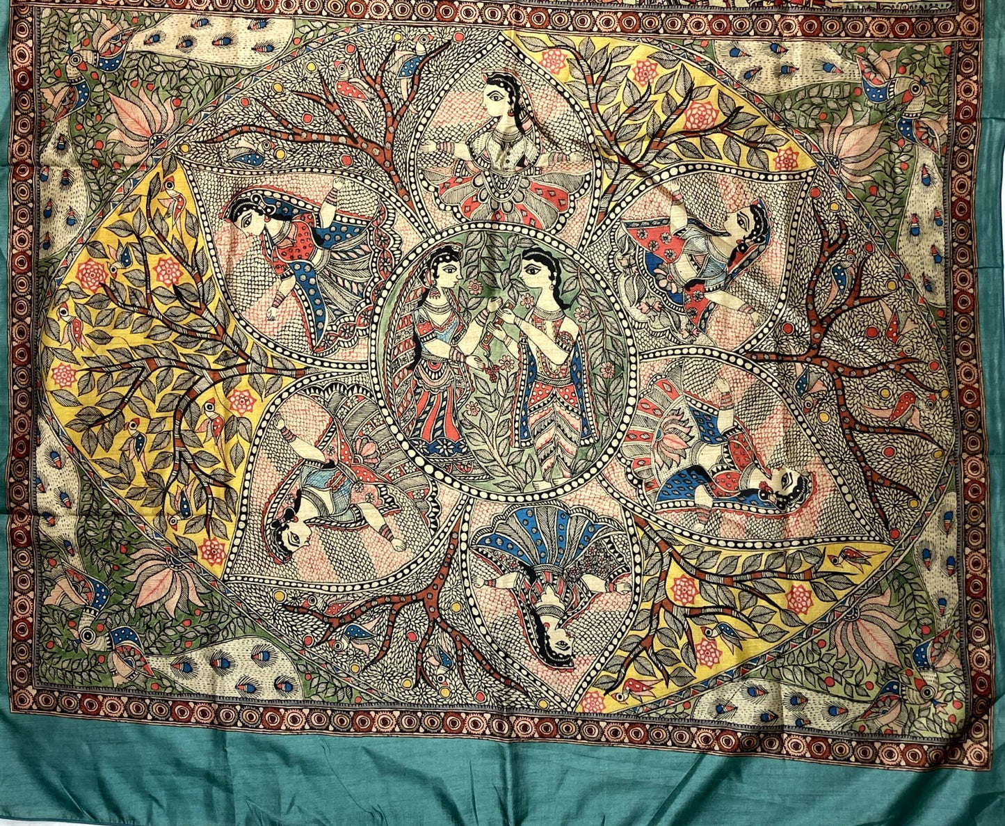 Sea Green Madhubani Digital Printed Saree with Figures Design pr0062ap