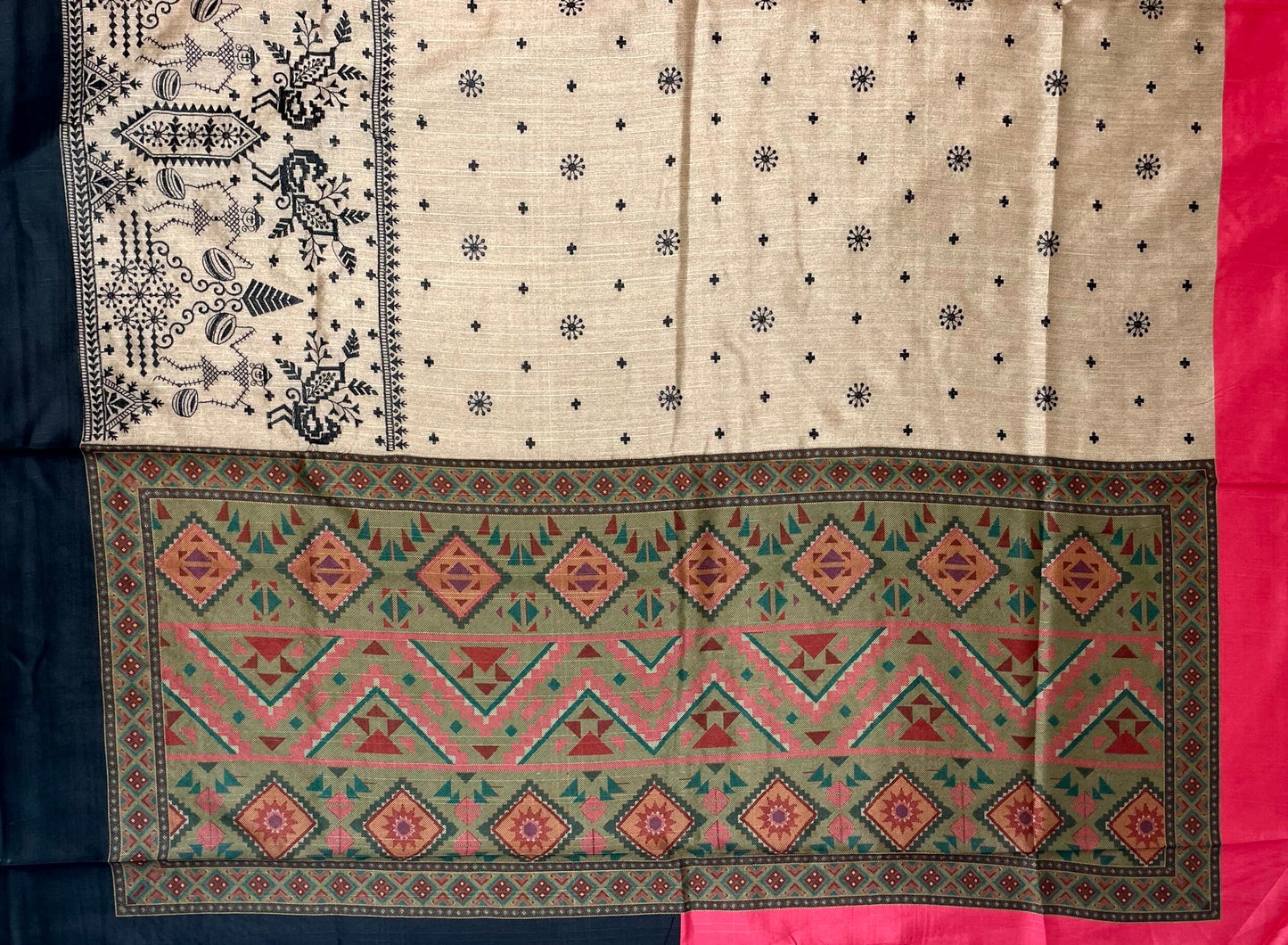 Tribal Thread Embroidery Work with Ganga Jamuna Border and Digital Printed Pallu Design pr0071ap