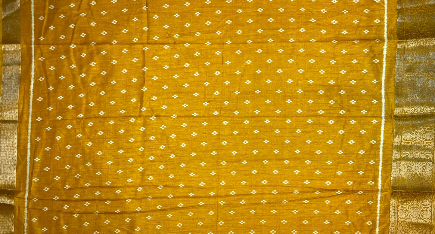 Mustard Yellow Viscose Silk Digital Print Zari Border with Body and Pallu Ikat Design pr0105ds
