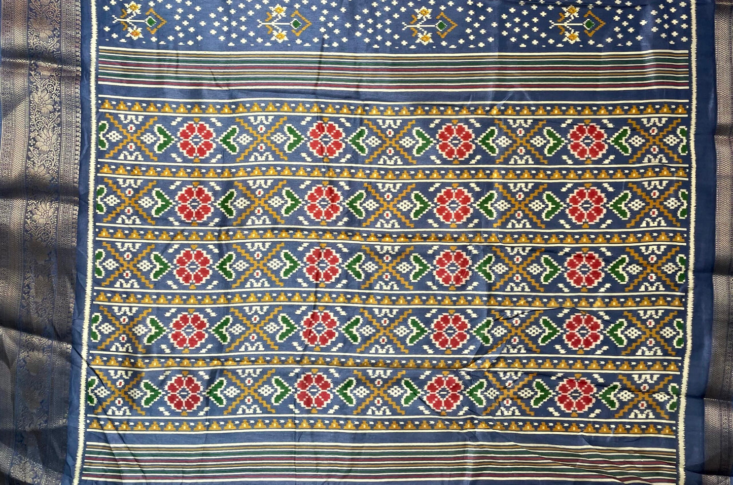 Slate Blue Viscose Silk Digital Print Zari Border with Body and Pallu Ikat Design pr0107ds