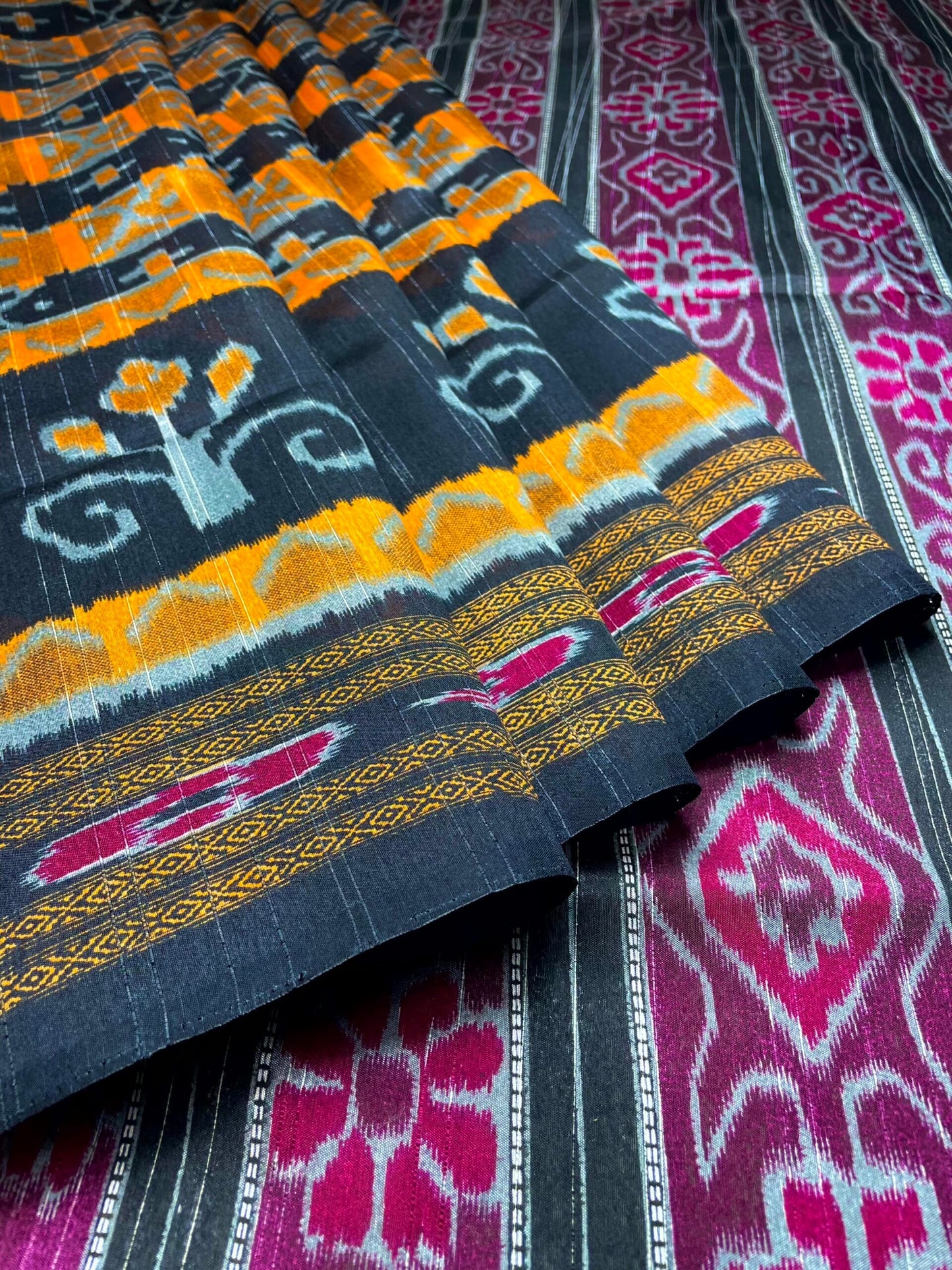 Black and Pink Blue Tussar Silk Digital Print with Body and Pallu Ikat Design pr0109ds